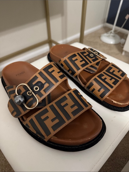Fendi Shoes - Fendi Tan and Black FF Logo Double Strap Slide Sandals
